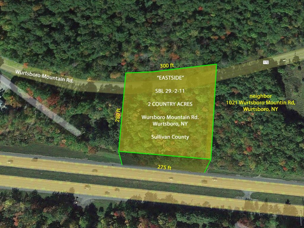 “The EASTSIDE” –  2 Acre Building Lot Wurtsboro, NY – 90 mins/NYC – Level/Wooded – Good rd frontage – Electric on-site – Only $23,900!